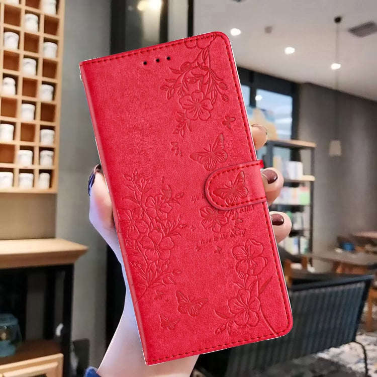 For Motorola Moto E32 Butterflies and Flowers Leather Phone Case(Red)