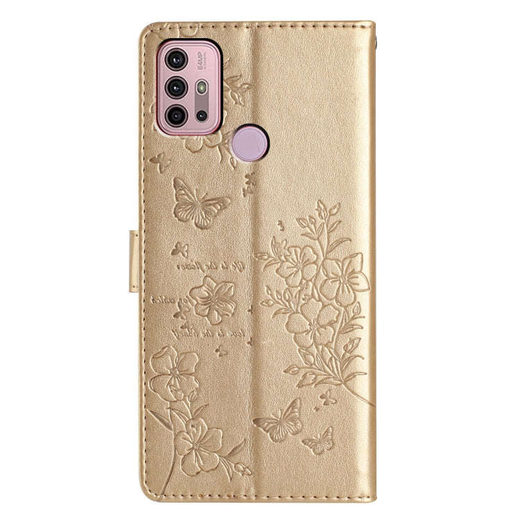 For Motorola Moto G30 Butterflies and Flowers Leather Phone Case(Gold)