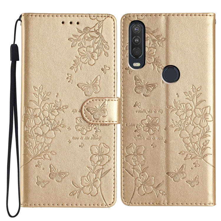 For Motorola One Action Butterflies and Flowers Leather Phone Case(Gold)