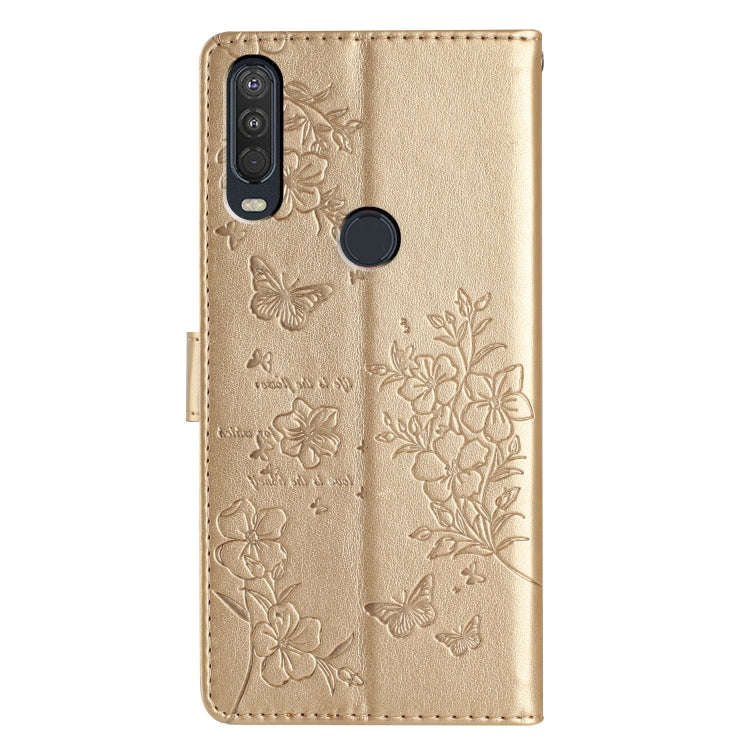 For Motorola One Action Butterflies and Flowers Leather Phone Case(Gold)