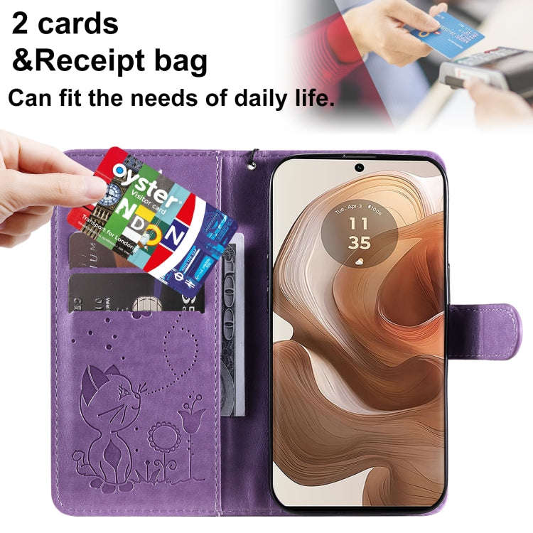 For Motorola Edge 50 Ultra Cat and Bee Embossed Flip Leather Phone Case(Purple)