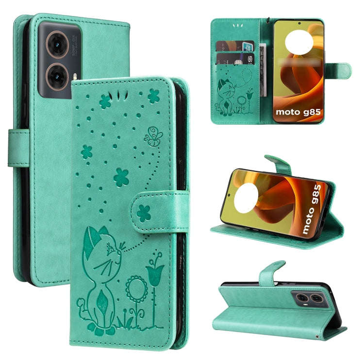 For Motorola Moto G85 Cat and Bee Embossed Flip Leather Phone Case(Green)