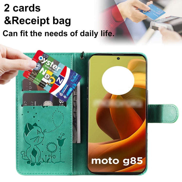 For Motorola Moto G85 Cat and Bee Embossed Flip Leather Phone Case(Green)