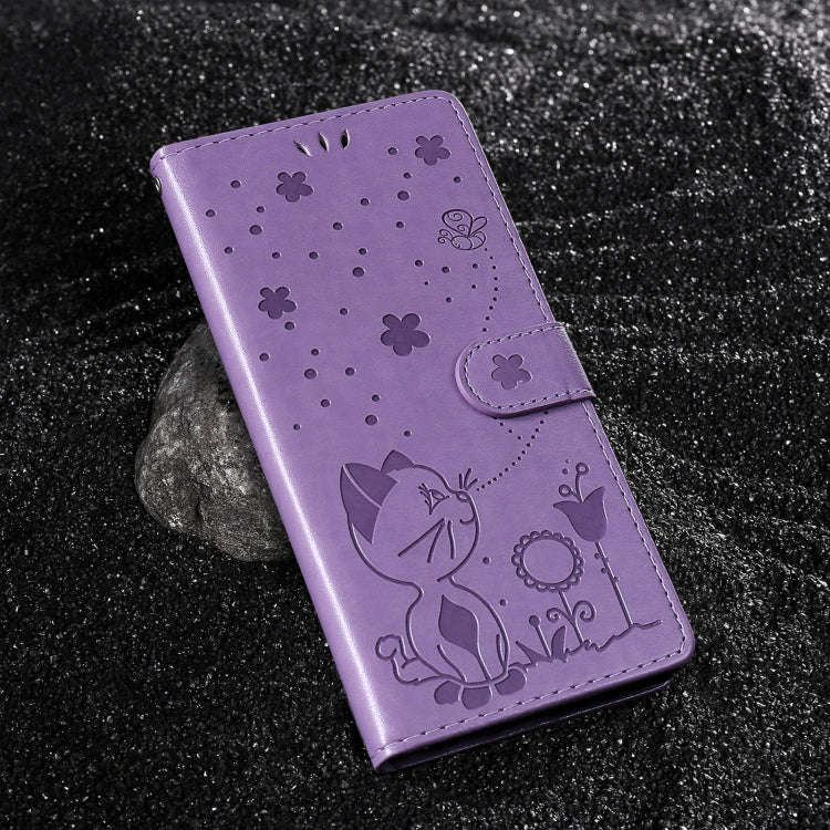 For Motorola Moto G85 Cat and Bee Embossed Flip Leather Phone Case(Purple)