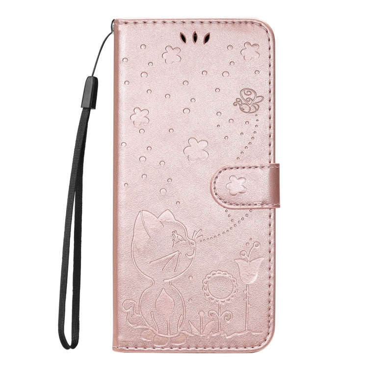 For Motorola Edge 50 Neo Cat and Bee Embossed Flip Leather Phone Case(Rose Gold)