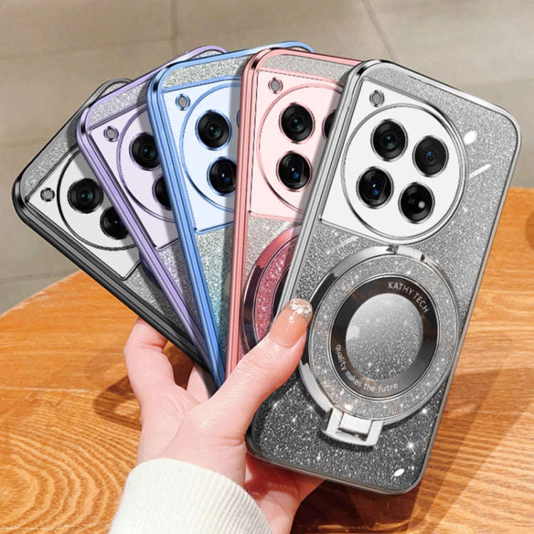 For OnePlus Ace 3 Plated Gradient Glitter Round Holder TPU Phone Case(Pink)