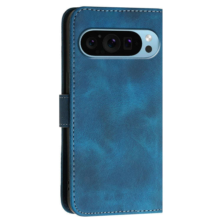 For Google Pixel 9 Pro XL Grid Butterfly Embossed Pattern Leather Phone Case with Lanyard(Dark Blue)