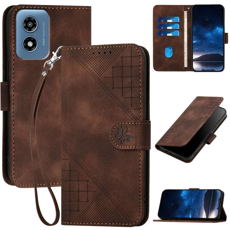 For Motorola Moto G Play 4G 2024 Grid Butterfly Embossed Pattern Leather Phone Case with Lanyard(...