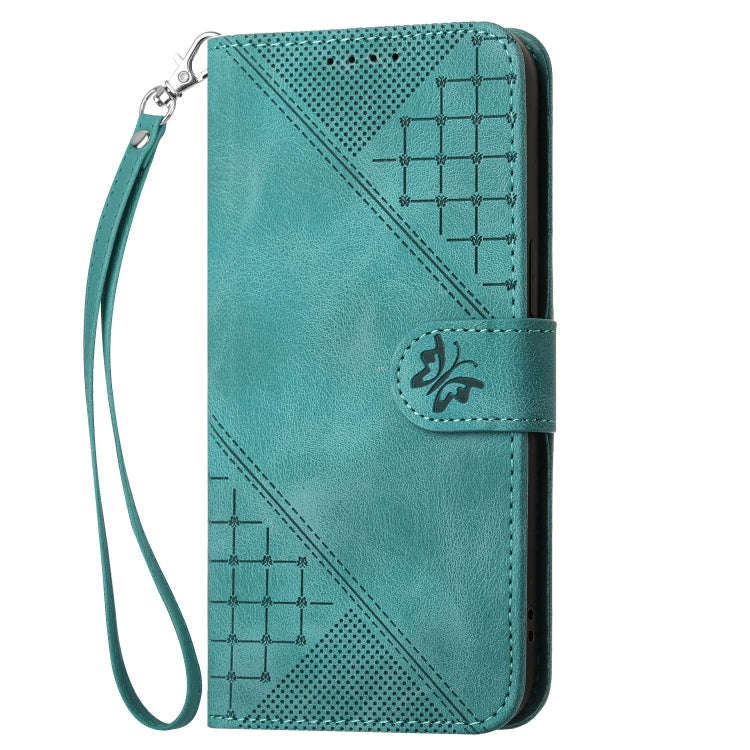 For Motorola Moto G32 Grid Butterfly Embossed Pattern Leather Phone Case with Lanyard(Light Blue)