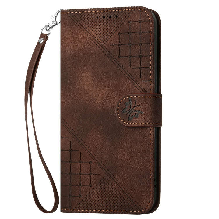For Tecno Pova 4 Grid Butterfly Embossed Pattern Leather Phone Case with Lanyard(Coffee)