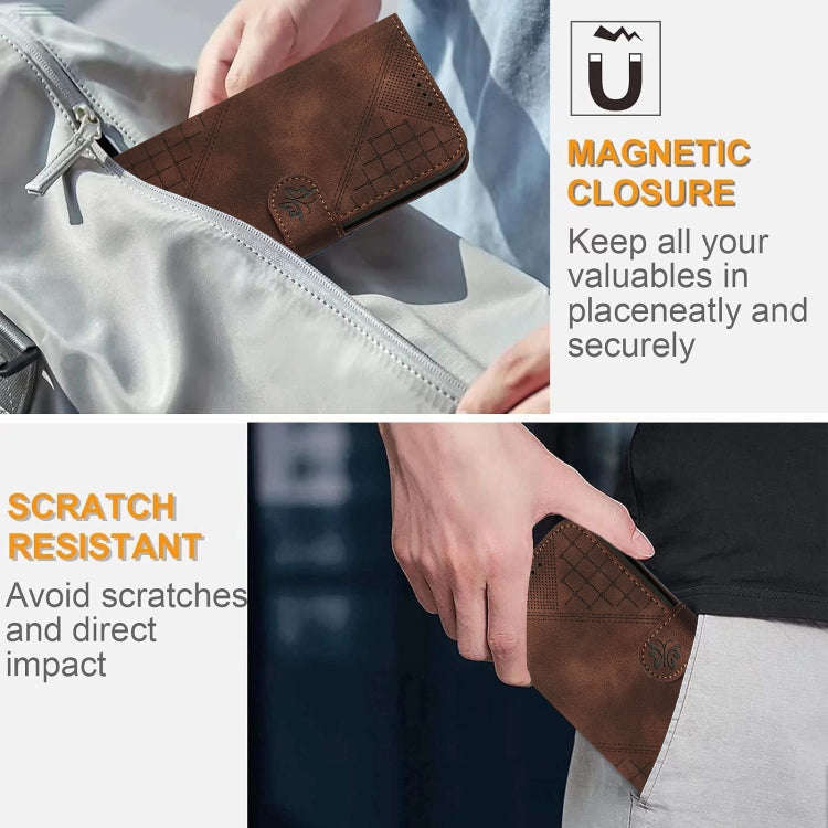 For Tecno Pova 4 Grid Butterfly Embossed Pattern Leather Phone Case with Lanyard(Coffee)