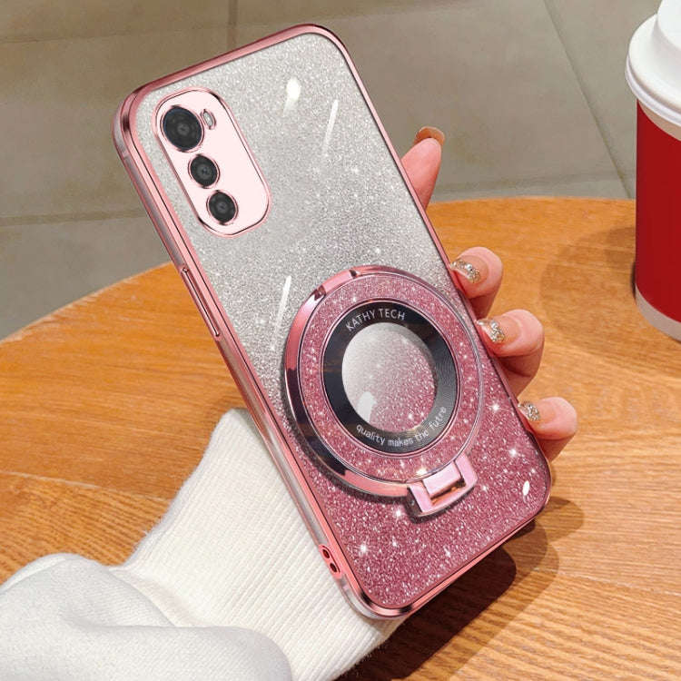For Motorola Moto E32 / E32s Plated Gradient Glitter Round Holder TPU Phone Case(Pink)