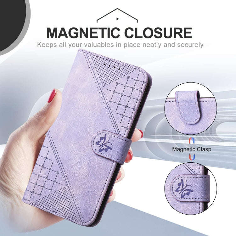 For Huawei Maimang A20 Grid Butterfly Embossed Pattern Leather Phone Case with Lanyard(Light Purple)