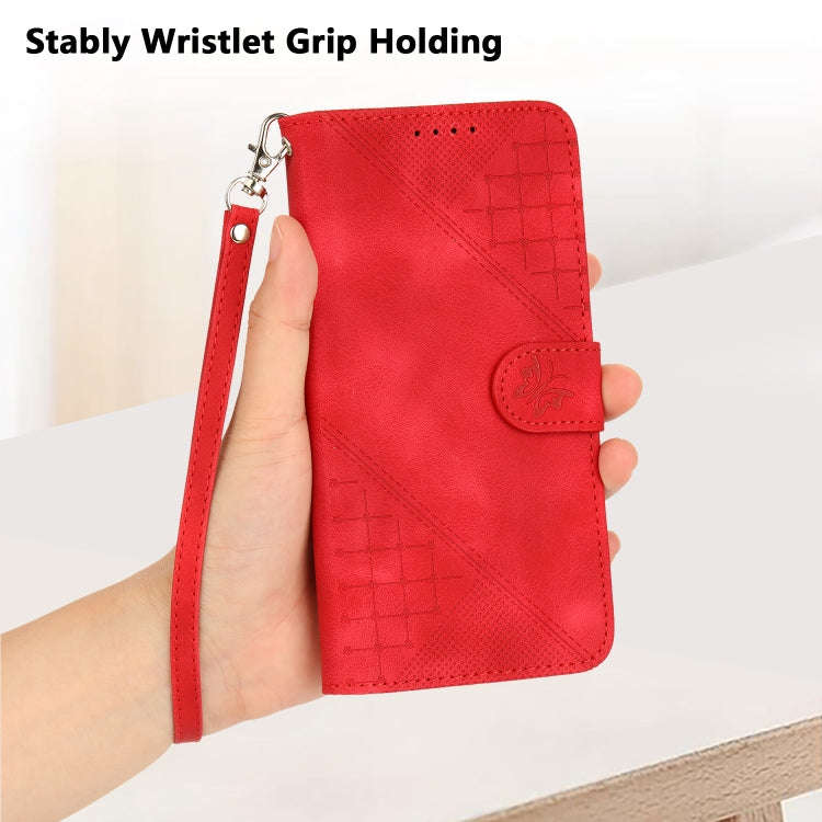 For Honor Magic5 Pro Grid Butterfly Embossed Pattern Leather Phone Case with Lanyard(Red)