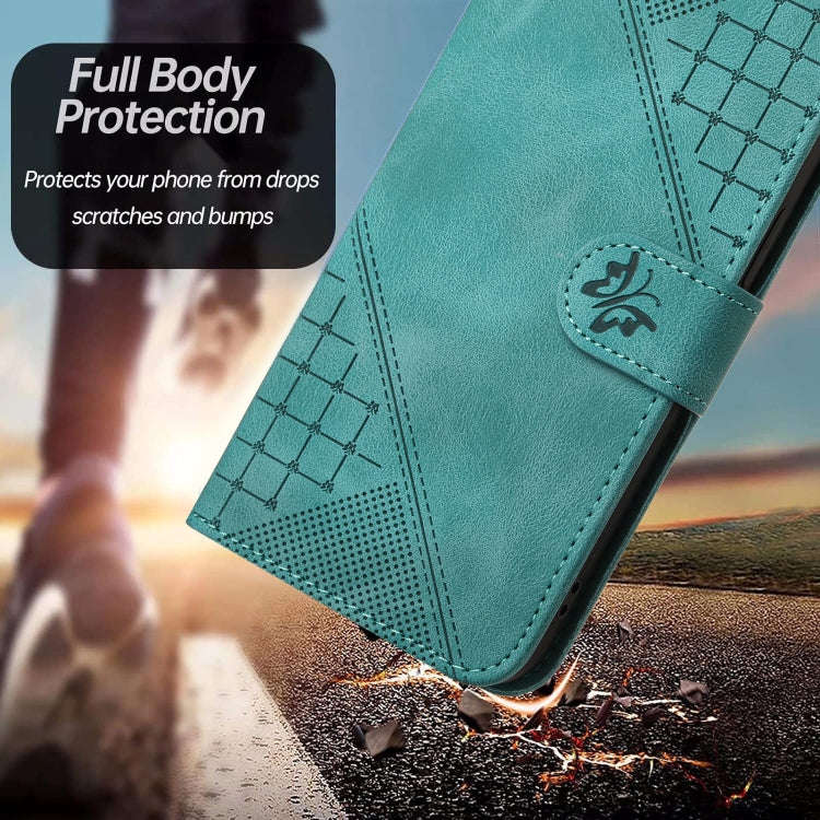 For Honor Magic5 Pro Grid Butterfly Embossed Pattern Leather Phone Case with Lanyard(Light Blue)