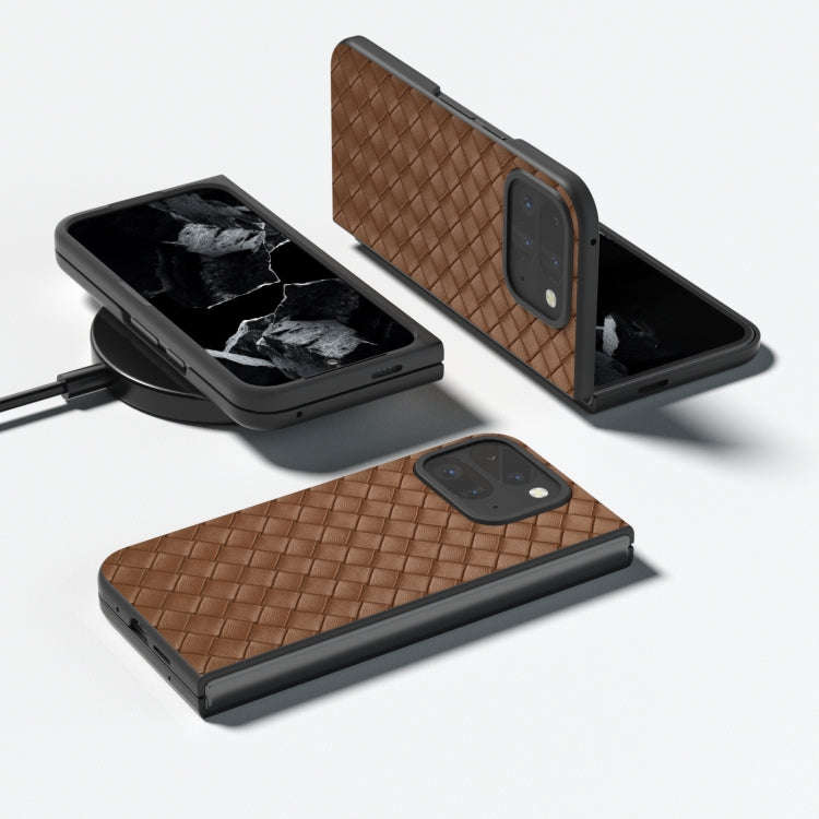 For Google Pixel 9 Pro Fold Black Frame Woven Texture PU Phone Case(Brown)