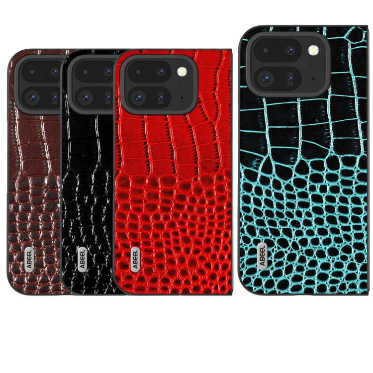 For Google Pixel 9 Pro Fold ABEEL Genuine Leather Crocodile Pattern Black Edge Phone Case(Coffee)
