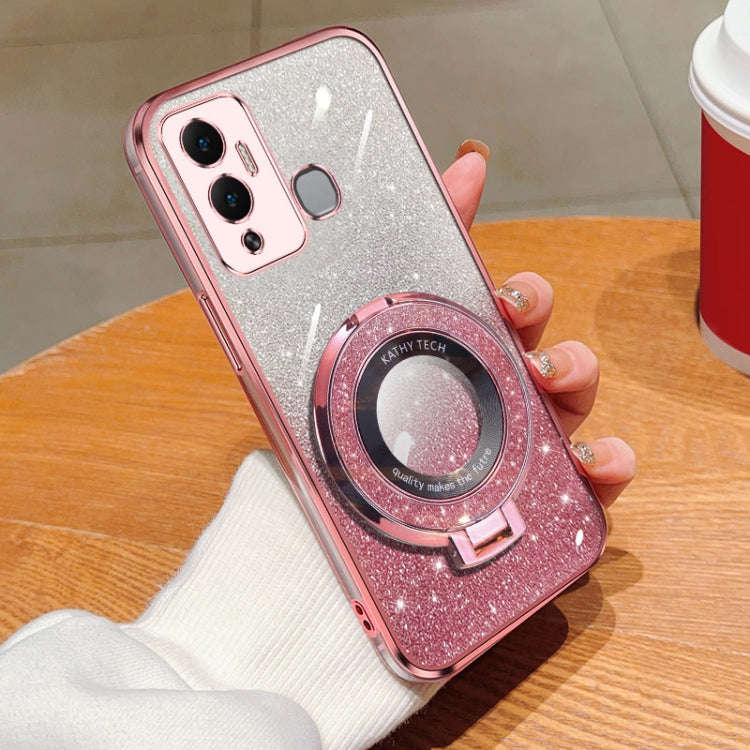 For Infinix Hot 12 Play Plated Gradient Glitter Round Holder TPU Phone Case(Pink)