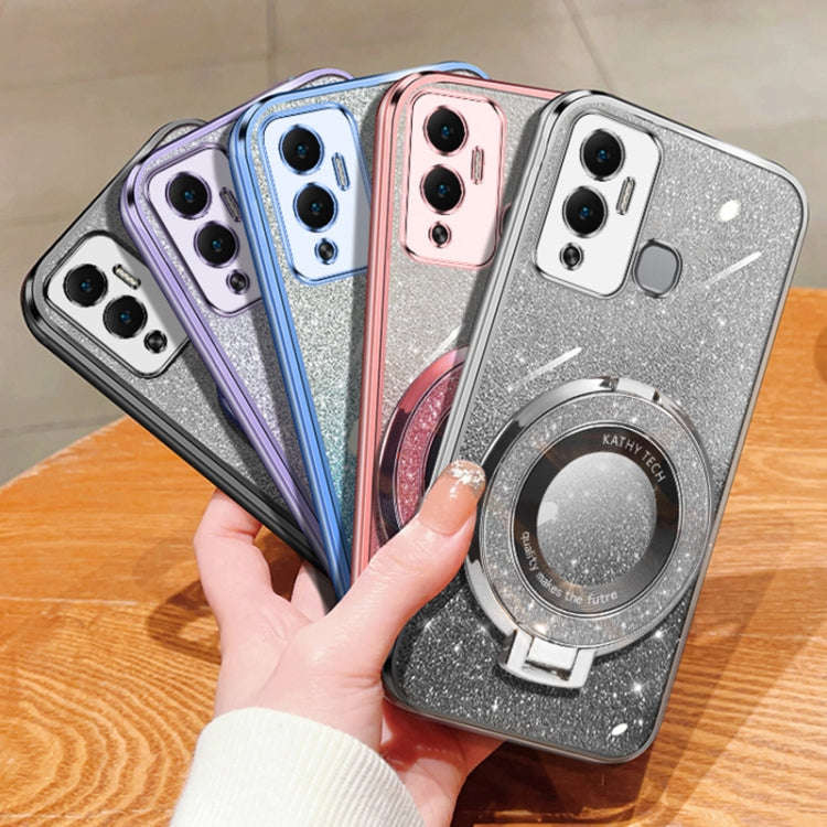 For Infinix Hot 12 Play Plated Gradient Glitter Round Holder TPU Phone Case(Pink)