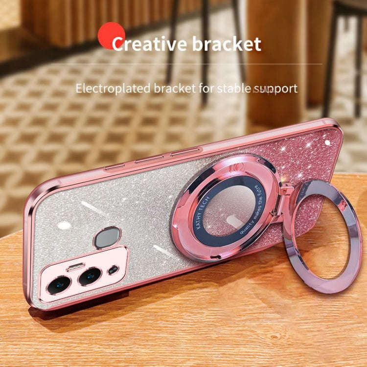 For Infinix Hot 12 Play Plated Gradient Glitter Round Holder TPU Phone Case(Pink)