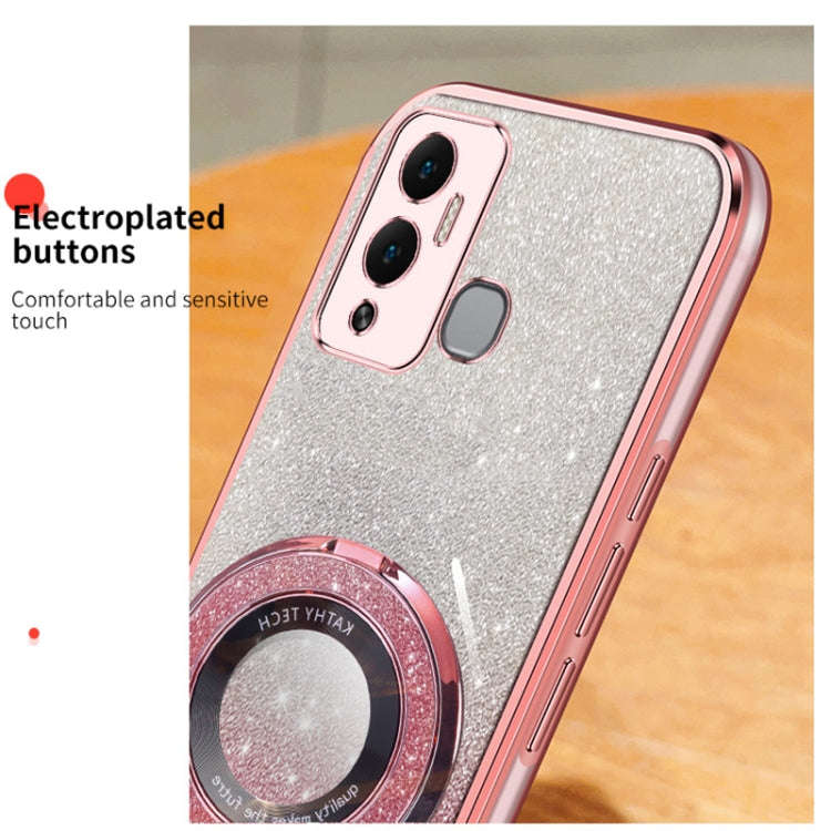 For Infinix Hot 12 Play Plated Gradient Glitter Round Holder TPU Phone Case(Pink)