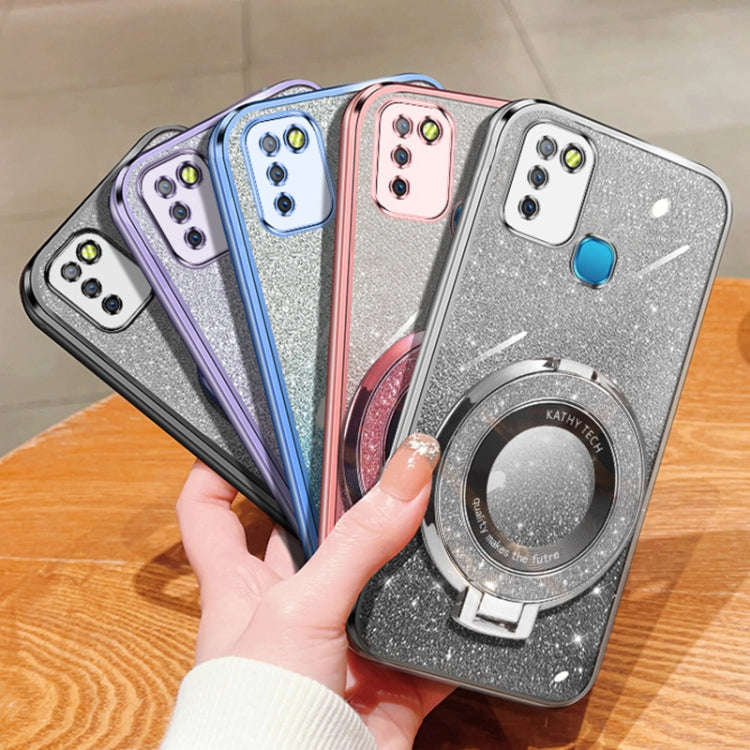 For Infinix Smart 5 Plated Gradient Glitter Round Holder TPU Phone Case(Black)