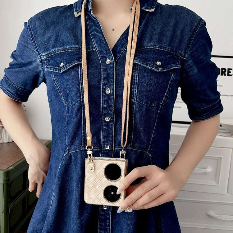 For Huawei Pocket 2 Colorful Woven Pattern 3D Yarn Flower Phone Case with Lanyard(White)