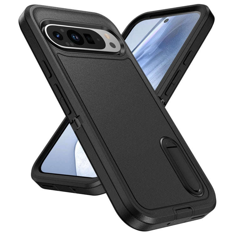 For Google Pixel 9 Pro Rugged PC + Silicone Phone Case with Holder(Black)