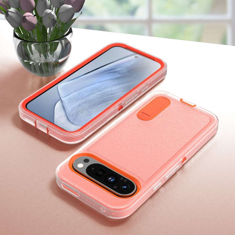 For Google Pixel 9 Rugged PC + Silicone Phone Case with Holder(Transparent+Orange)