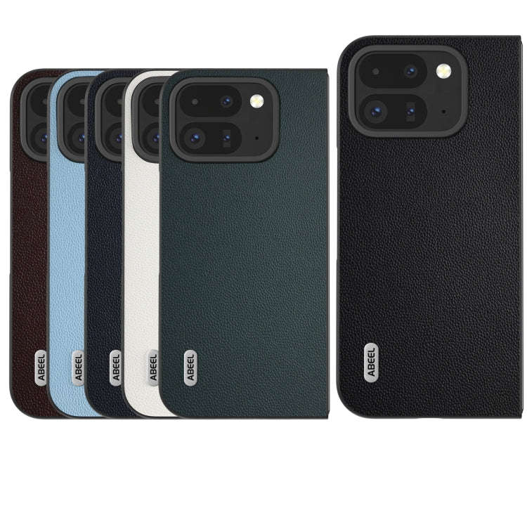 For Google Pixel 9 Pro Fold ABEEL Genuine Leather Elegant Black Edge Phone Case(Sky Blue)