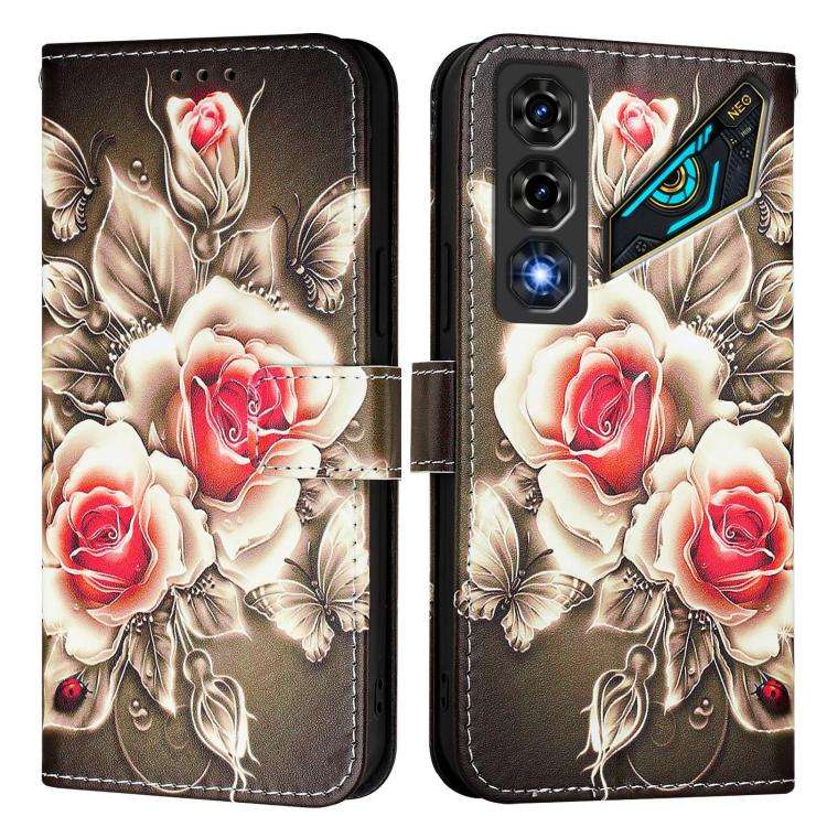 For ZTE nubia Neo 5 5G Colored Drawing Pattern Plain Weave Leather Phone Case(Roses On Black)