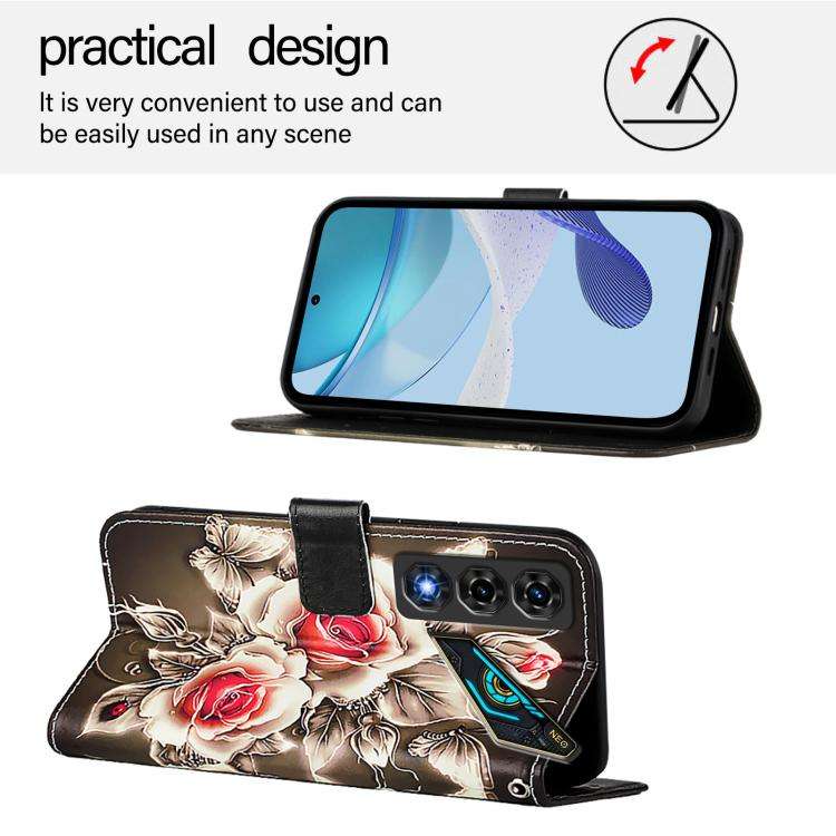For ZTE nubia Neo 5 5G Colored Drawing Pattern Plain Weave Leather Phone Case(Roses On Black)