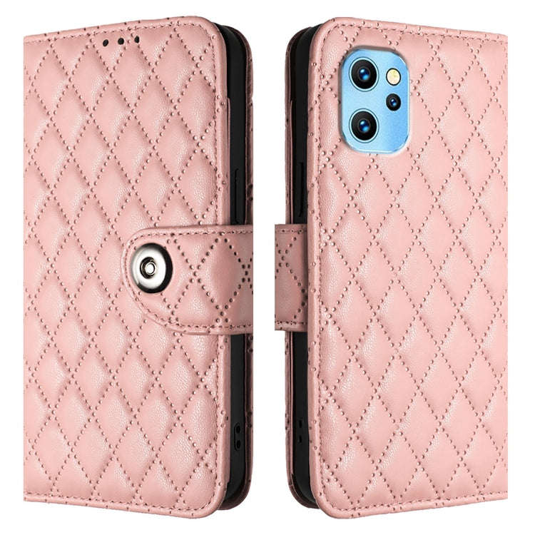 For UMIDIGI Power 7 Max Rhombic Texture Flip Leather Phone Case with Lanyard(Coral Pink)