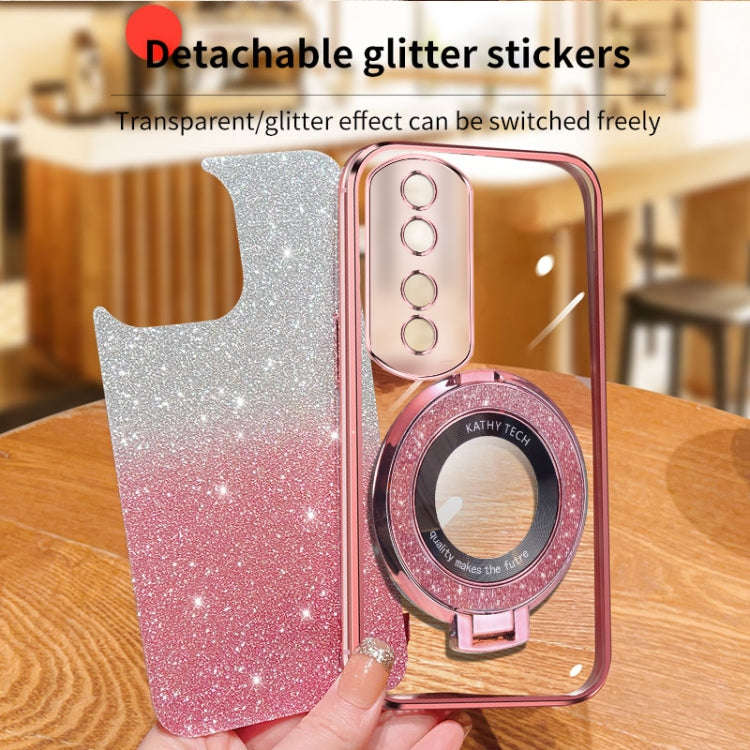 For Honor 90 Pro Plated Gradient Glitter Round Holder TPU Phone Case(Pink)