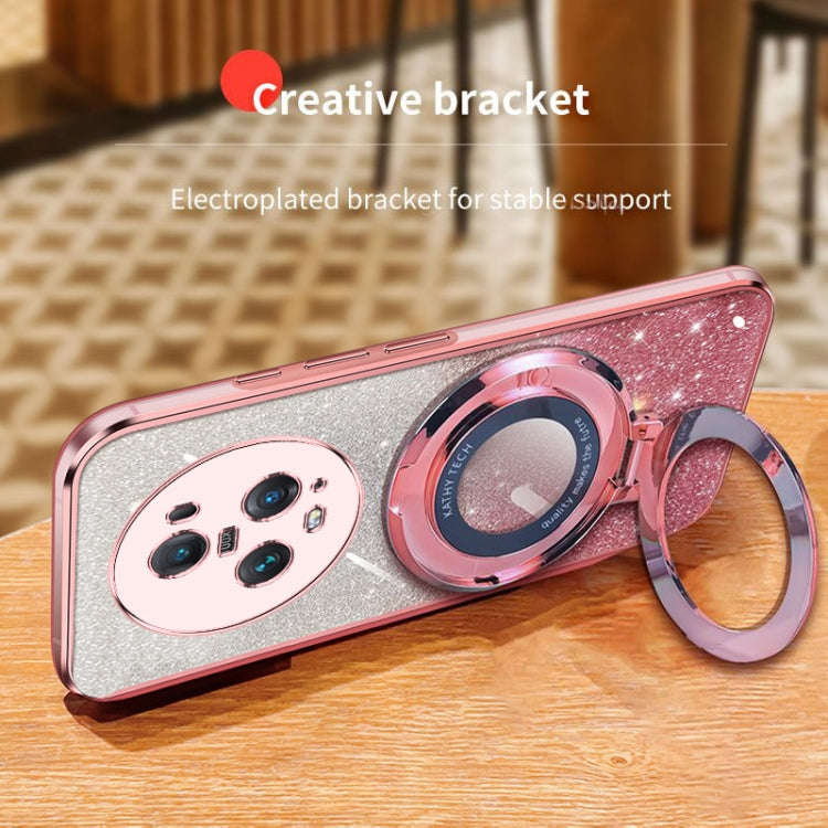 For Honor Magic5 Pro Plated Gradient Glitter Round Holder TPU Phone Case(Pink)
