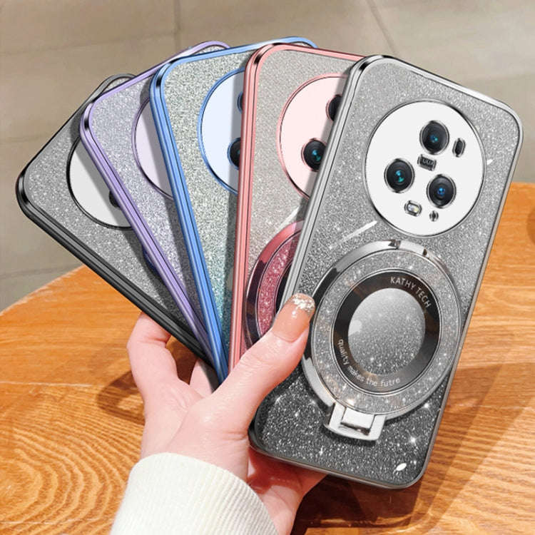 For Honor Magic5 Pro Plated Gradient Glitter Round Holder TPU Phone Case(Sierra Blue)