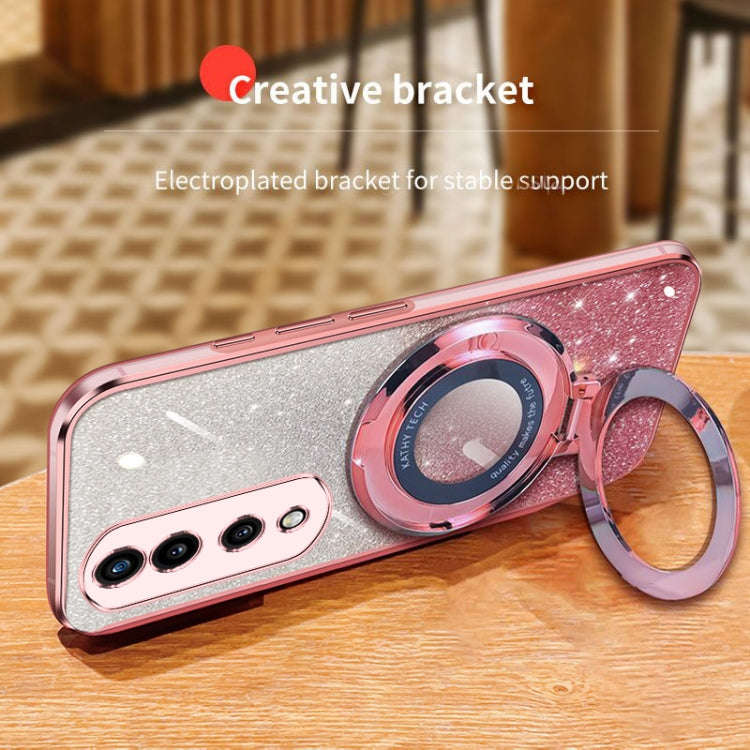 For Honor 70 Pro Plated Gradient Glitter Round Holder TPU Phone Case(Pink)