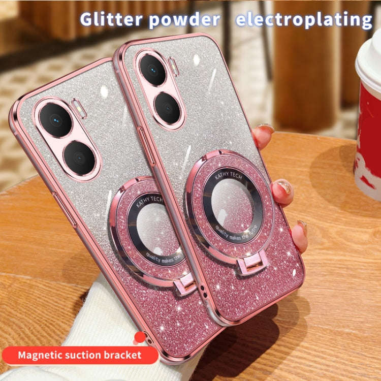 For Honor Play 40 Plus Plated Gradient Glitter Round Holder TPU Phone Case(Pink)