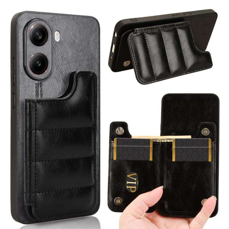 For Redmi Turbo 4 Cow Pattern Sewing Card Bag Phone Case(Black)