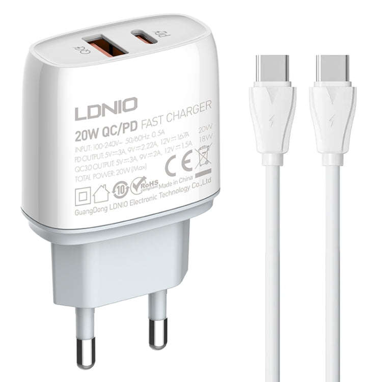 LDNIO Q229 QC3.0 / PD20W USB + Type-C Fast Charger with 1m Type-C to Type-C Cable, Plug Type:EU P...