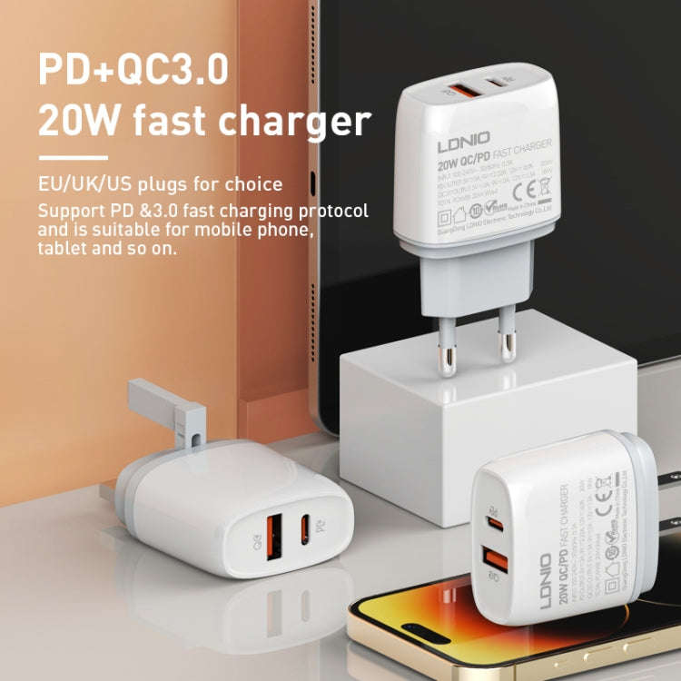 LDNIO Q229 QC3.0 / PD20W USB + Type-C Fast Charger with 1m Type-C to Type-C Cable, Plug Type:EU P...