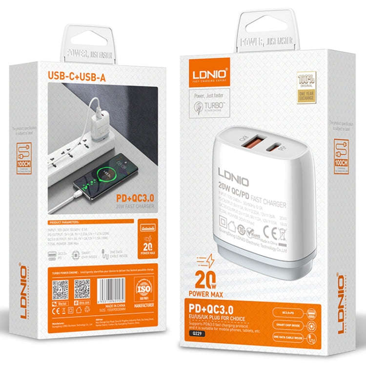 LDNIO Q229 QC3.0 / PD20W USB + Type-C Fast Charger with 1m Type-C to Type-C Cable, Plug Type:EU P...