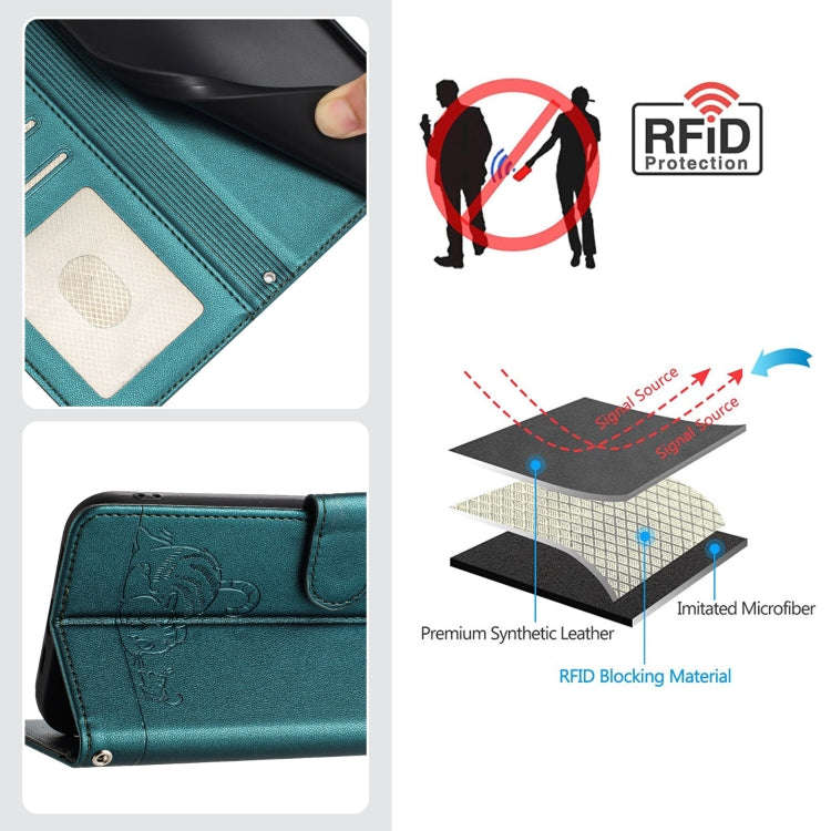 For Nokia G42 / G310 Cat Rat Embossed RFID Leather Phone Case with Lanyard(Peacock Green)