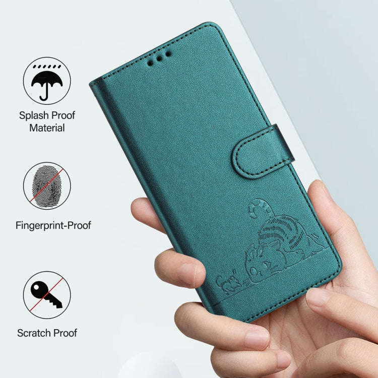 For Nokia G42 / G310 Cat Rat Embossed RFID Leather Phone Case with Lanyard(Peacock Green)