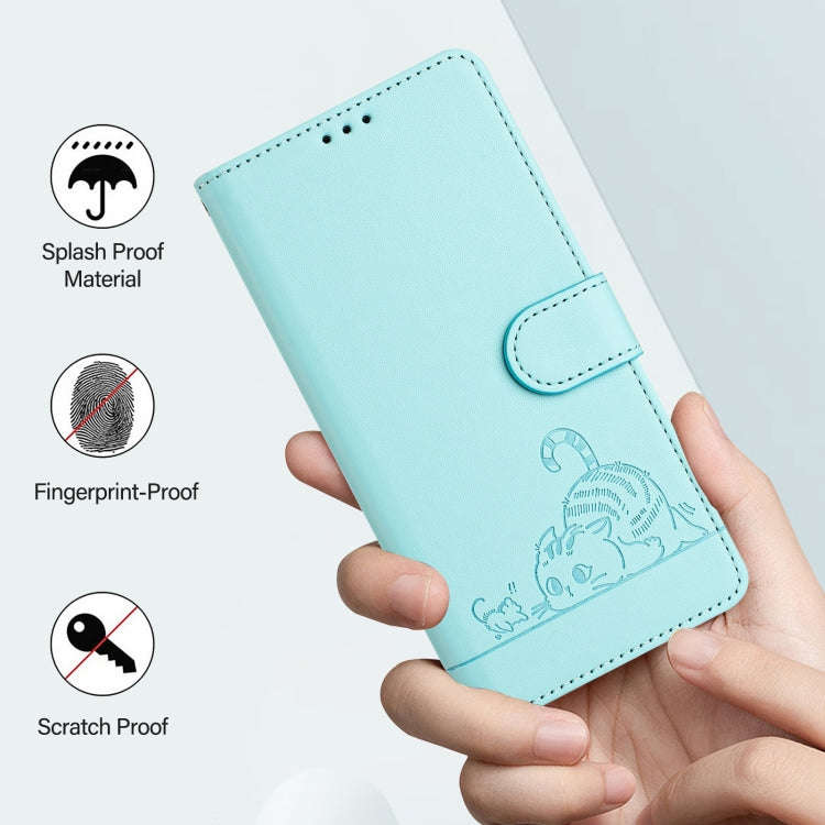 For T-Mobile REVVL 6 Pro / 6x Pro Cat Rat Embossed RFID Leather Phone Case with Lanyard(Mint Green)