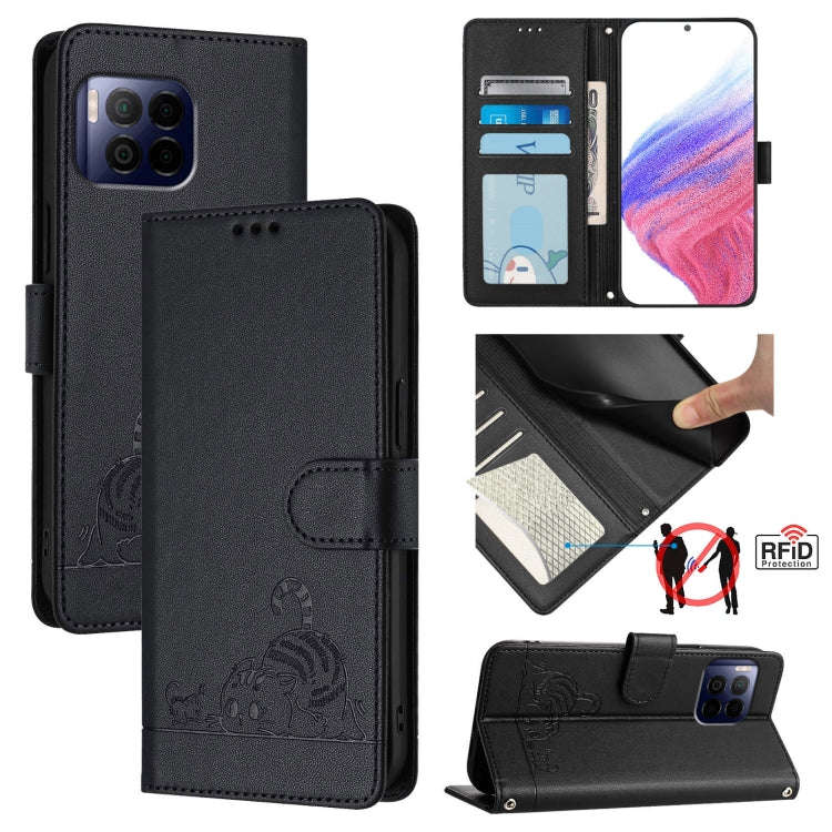 For T-Mobile REVVL 7 Pro 5G Cat Rat Embossed RFID Leather Phone Case with Lanyard(Black)