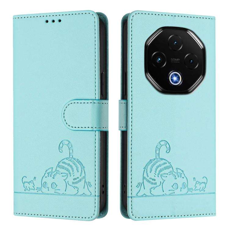 For Umidigi G100 Pro Cat Rat Embossed RFID Leather Phone Case with Lanyard(Mint Green)