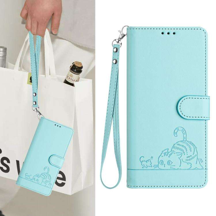 For Umidigi G100 Pro Cat Rat Embossed RFID Leather Phone Case with Lanyard(Mint Green)