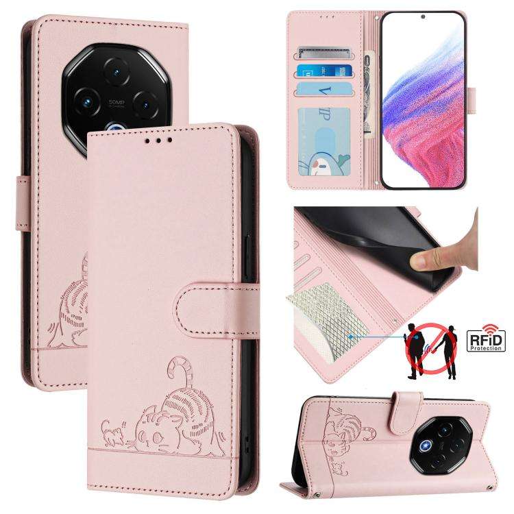 For Umidigi G100 Pro Cat Rat Embossed RFID Leather Phone Case with Lanyard(Pink)