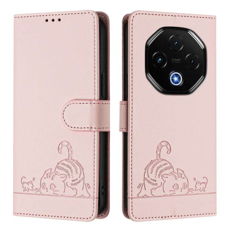 For Umidigi G100 Pro Cat Rat Embossed RFID Leather Phone Case with Lanyard(Pink)